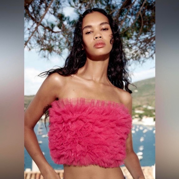 NWT ZARA Knit Pink Tule Kamisole Organza Top Fuchsia Neon Stretchy Corset - Picture 4 of 5